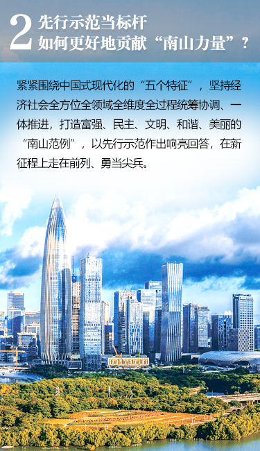 先行示范当标杆如何更好地贡献“南山力量”?紧紧围绕中国式现代化的“五个特征”，坚持经济社会全方位全领域全维度全过程统筹协调、一体推进，打造富强、民主、文明、和谐、美丽的“南山范例”，以先行示范作出响亮回答，在新征程上走在前列、勇当尖兵。